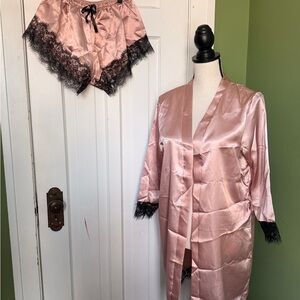 Elegant Pink Satin Lace Trim Robe and Shorts Set